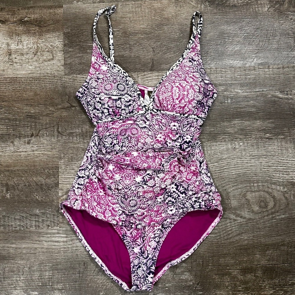 Tommy Bahama‎ Womens Pink Purple Paisley Ruched One Piece Swimsuit Size 10